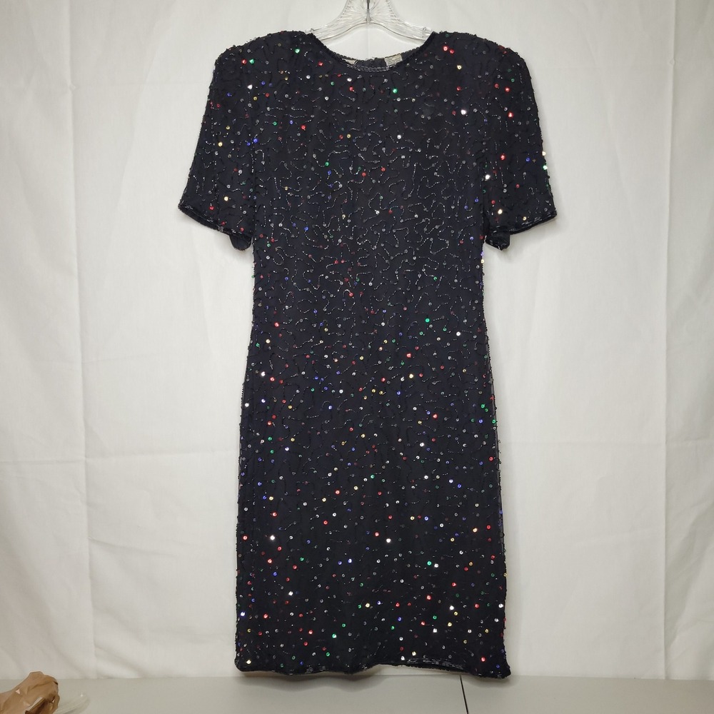 Vintage 80's ~ Denise Elle Black Sequin &‎ Beaded Short Sleeve Evening Dress